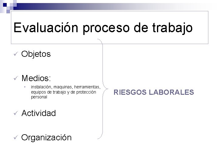 Evaluación proceso de trabajo ü Objetos ü Medios: § instalación, maquinas, herramientas, equipos de