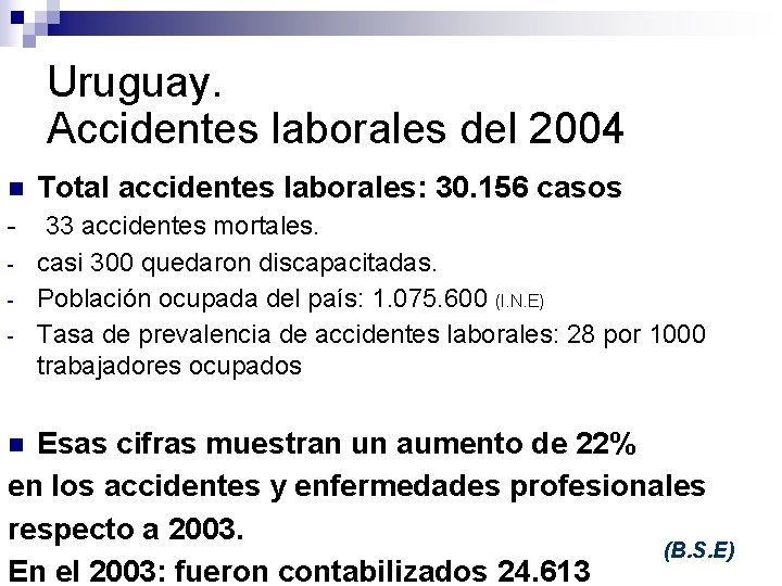 Uruguay. Accidentes laborales del 2004 n Total accidentes laborales: 30. 156 casos - 33