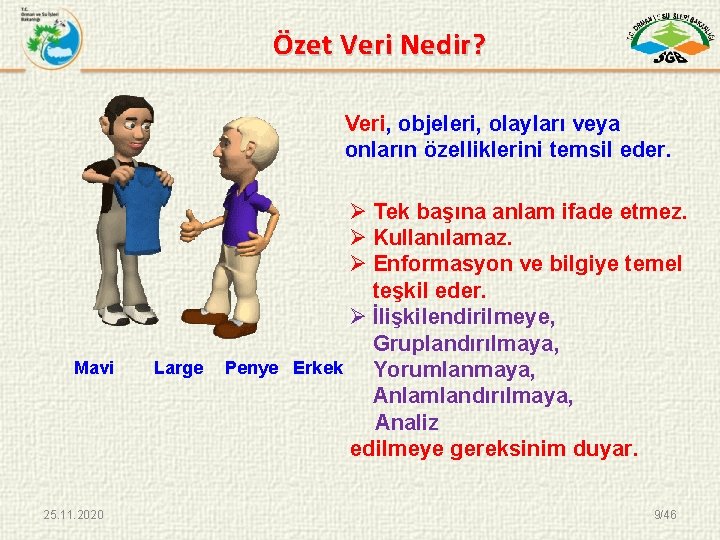 Özet Veri Nedir? Veri, objeleri, olayları veya onların özelliklerini temsil eder. Mavi 25. 11.