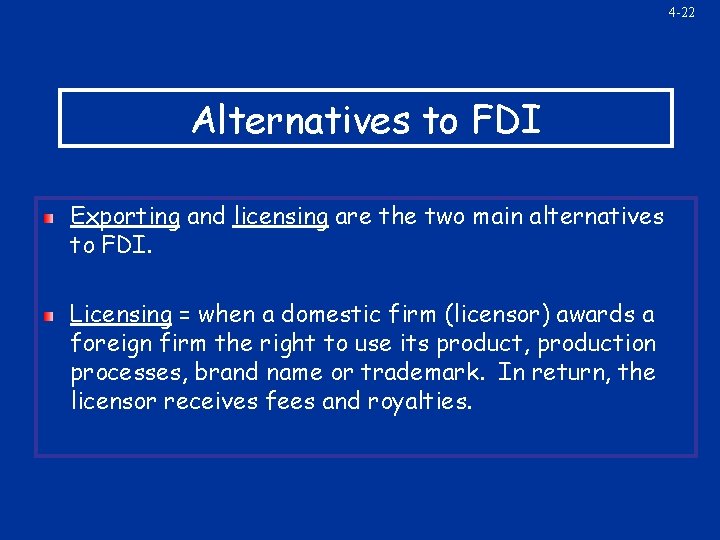4 -22 Alternatives to FDI Exporting and licensing are the two main alternatives to