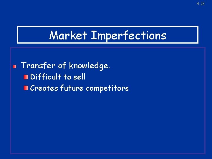 4 -28 Market Imperfections Transfer of knowledge. Difficult to sell Creates future competitors 