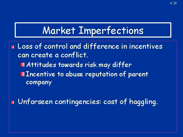 4 -29 Market Imperfections Loss of control and difference in incentives can create a
