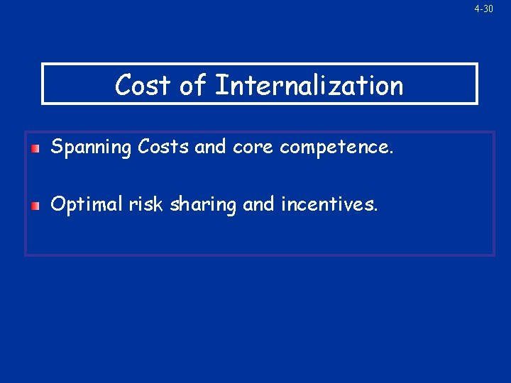 4 -30 Cost of Internalization Spanning Costs and core competence. Optimal risk sharing and