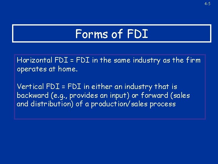 4 -5 Forms of FDI Horizontal FDI = FDI in the same industry as