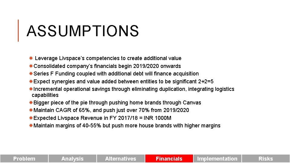 ASSUMPTIONS Leverage Livspace’s competencies to create additional value Consolidated company’s financials begin 2019/2020 onwards
