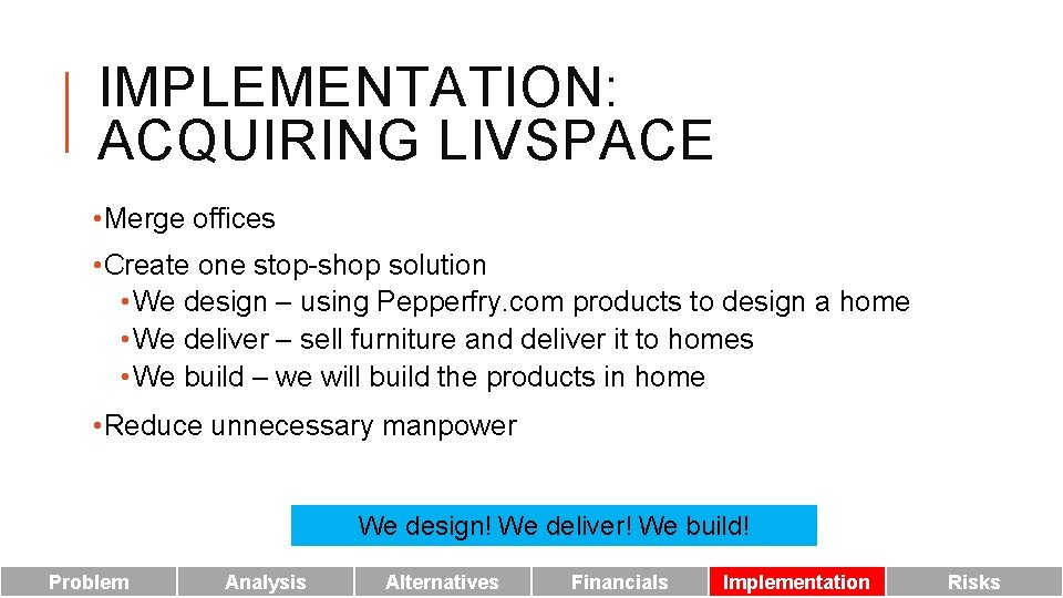 IMPLEMENTATION: ACQUIRING LIVSPACE • Merge offices • Create one stop-shop solution • We design