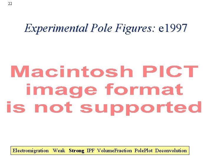 22 Experimental Pole Figures: e 1997 Electromigration Weak Strong IPF Volume. Fraction Pole. Plot