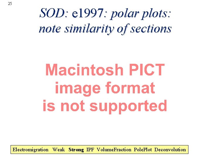 25 SOD: e 1997: polar plots: note similarity of sections Electromigration Weak Strong IPF