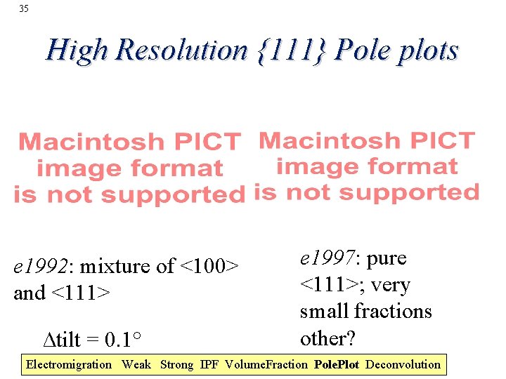 35 High Resolution {111} Pole plots e 1992: mixture of <100> and <111> ∆tilt