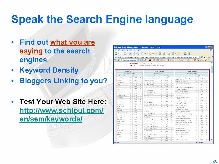 Speak the Search Engine language • Find out what you are saying to the