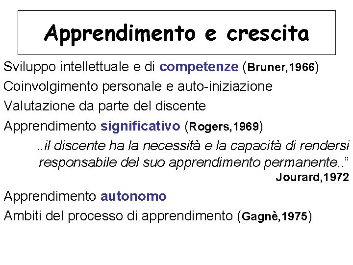 Apprendimento e crescita Sviluppo intellettuale e di competenze (Bruner, 1966) Coinvolgimento personale e auto-iniziazione