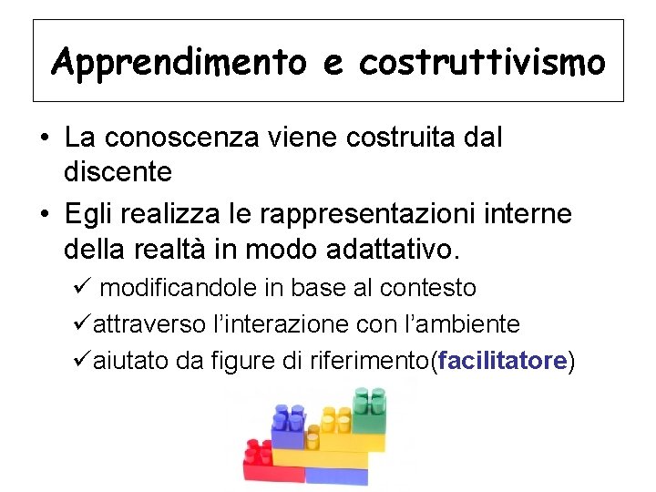 Apprendimento e costruttivismo • La conoscenza viene costruita dal discente • Egli realizza le