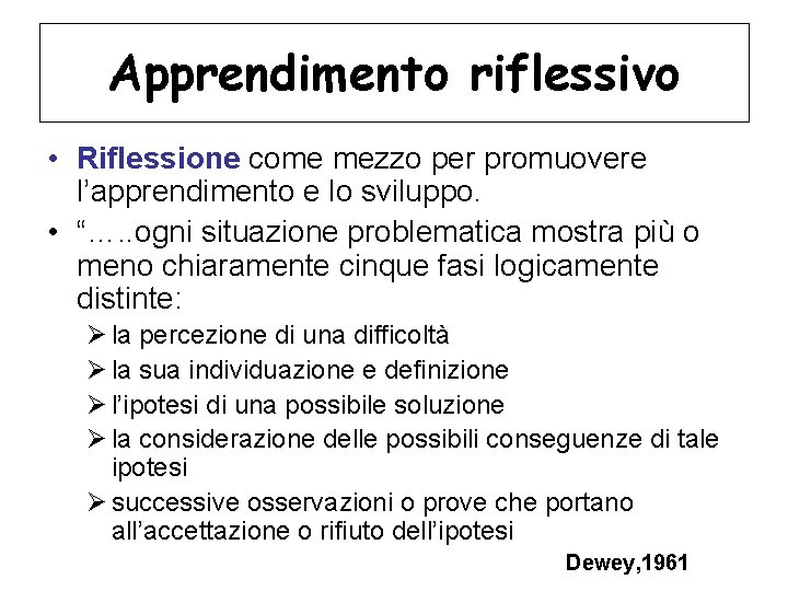 Apprendimento riflessivo • Riflessione come mezzo per promuovere l’apprendimento e lo sviluppo. • “….