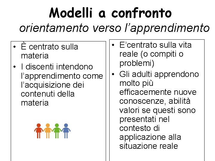 Modelli a confronto orientamento verso l’apprendimento • E’centrato sulla vita • È centrato sulla