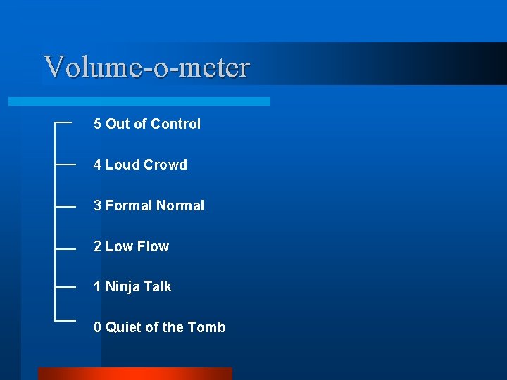 Volume-o-meter 5 Out of Control 4 Loud Crowd 3 Formal Normal 2 Low Flow