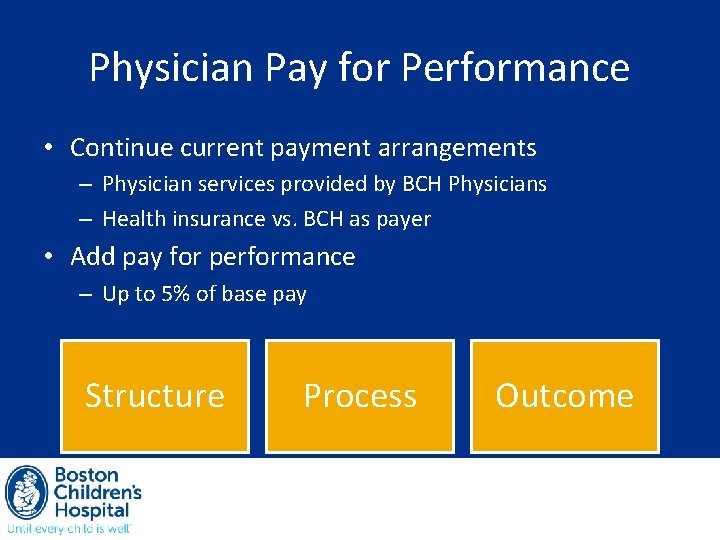 Physician Pay for Performance • Continue current payment arrangements – Physician services provided by