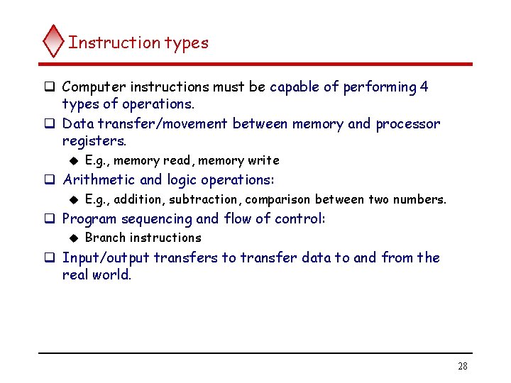 Instruction types q Computer instructions must be capable of performing 4 types of operations. Instruction types q Computer instructions must be capable of performing 4 types of operations.