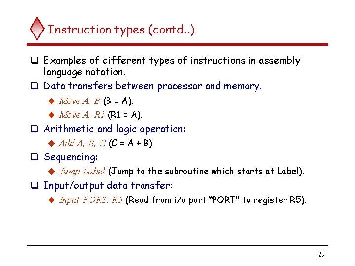 Instruction types (contd. . ) q Examples of different types of instructions in assembly Instruction types (contd. . ) q Examples of different types of instructions in assembly