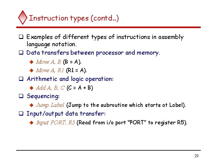 Instruction types (contd. . ) q Examples of different types of instructions in assembly