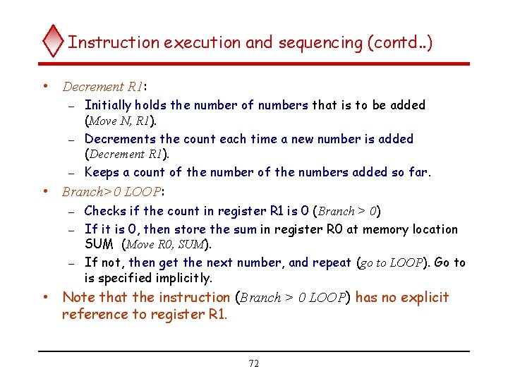 Instruction execution and sequencing (contd. . ) • Decrement R 1: Initially holds the