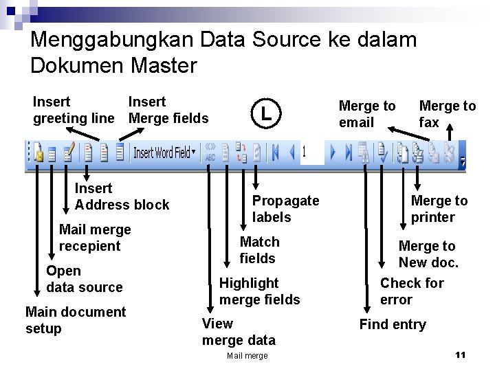 Menggabungkan Data Source ke dalam Dokumen Master Insert greeting line Insert Merge fields Insert