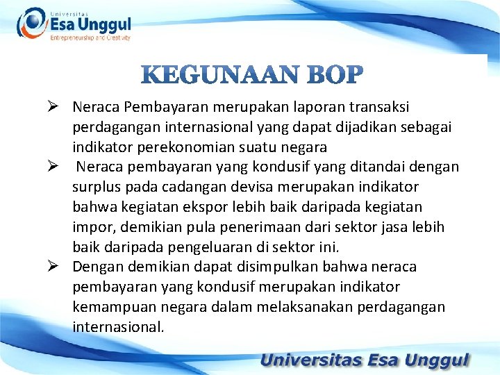 Ø Neraca Pembayaran merupakan laporan transaksi perdagangan internasional yang dapat dijadikan sebagai indikator perekonomian