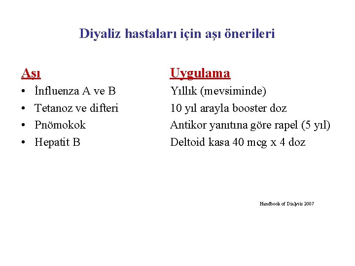 Diyaliz hastaları için aşı önerileri Aşı Uygulama • • Yıllık (mevsiminde) 10 yıl arayla