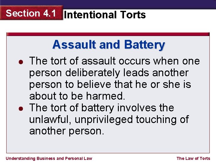 Section 4. 1 Intentional Torts Assault and Battery The tort of assault occurs when