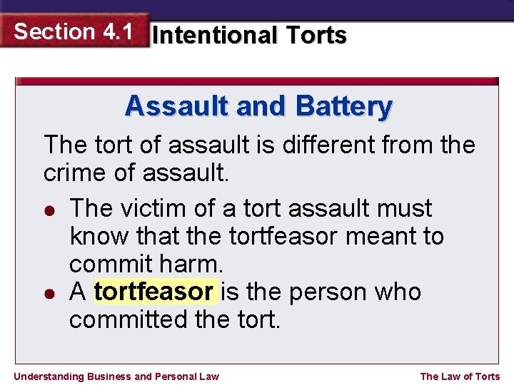 Section 4. 1 Intentional Torts Assault and Battery The tort of assault is different