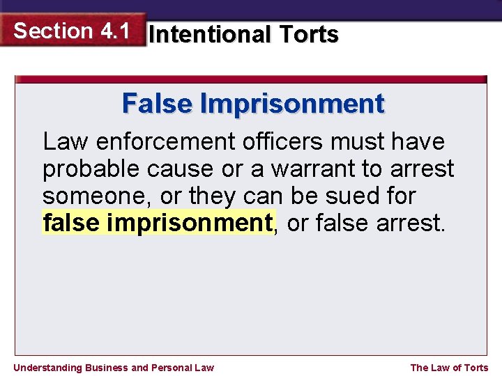 Section 4. 1 Intentional Torts False Imprisonment Law enforcement officers must have probable cause