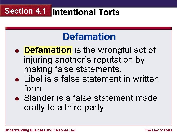 Section 4. 1 Intentional Torts Defamation is the wrongful act of injuring another’s reputation