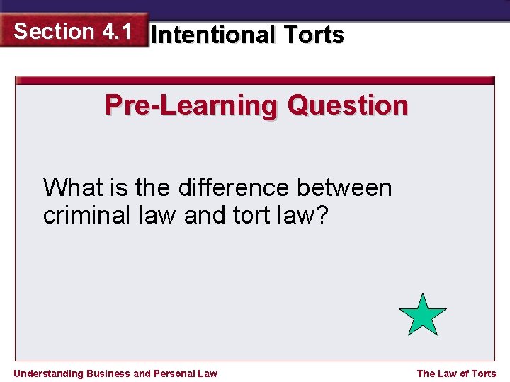 Section 4. 1 Intentional Torts Pre-Learning Question What is the difference between criminal law