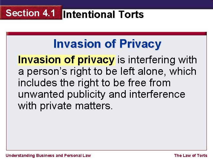 Section 4. 1 Intentional Torts Invasion of Privacy Invasion of privacy is interfering with