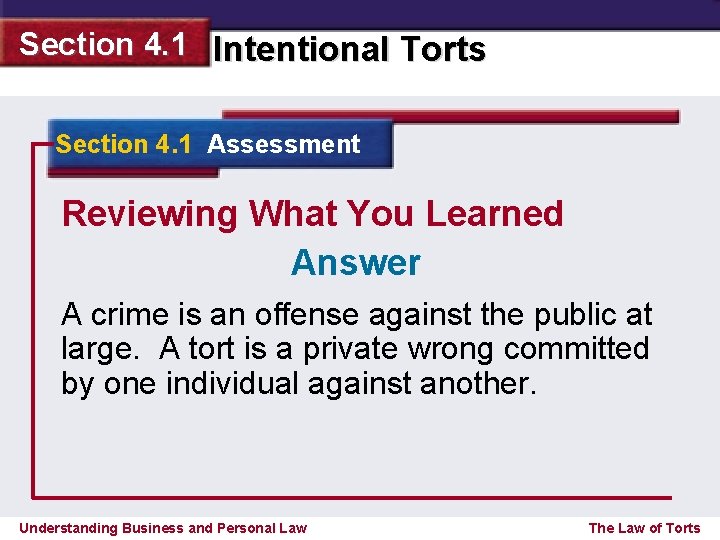 Section 4. 1 Intentional Torts Section 4. 1 Assessment Reviewing What You Learned Answer