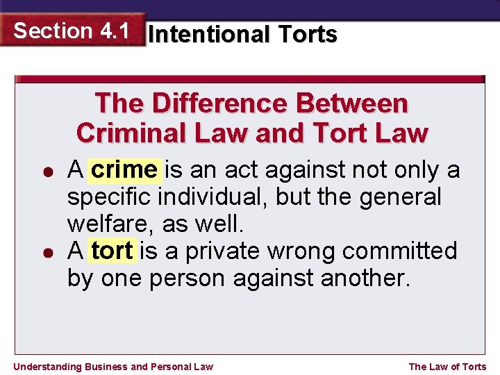 Section 4. 1 Intentional Torts The Difference Between Criminal Law and Tort Law A