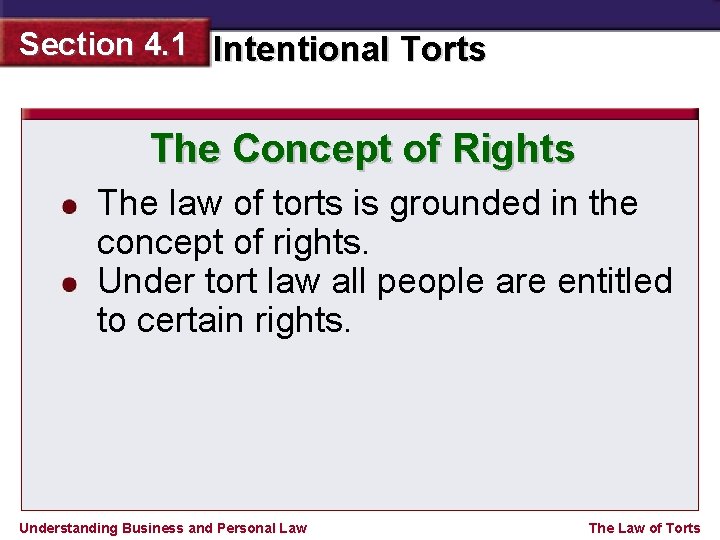 Section 4. 1 Intentional Torts The Concept of Rights The law of torts is