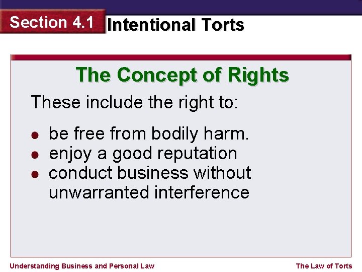 Section 4. 1 Intentional Torts The Concept of Rights These include the right to: