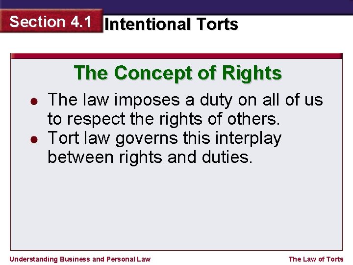 Section 4. 1 Intentional Torts The Concept of Rights The law imposes a duty
