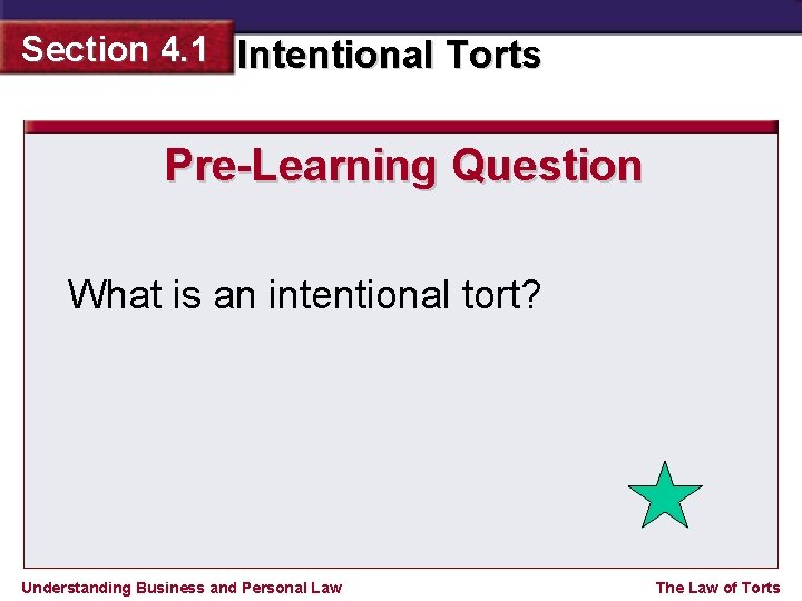 Section 4. 1 Intentional Torts Pre-Learning Question What is an intentional tort? Understanding Business