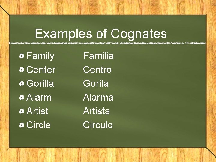 Examples of Cognates Family Center Gorilla Alarm Artist Circle Familia Centro Gorila Alarma Artista