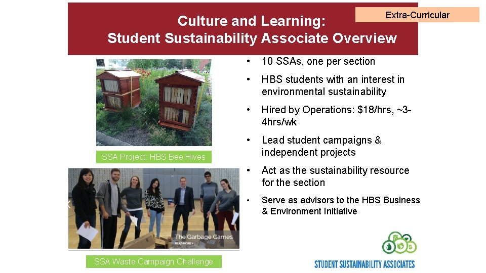 Extra-Curricular Culture and Learning: Student Sustainability Associate Overview • 10 SSAs, one per section