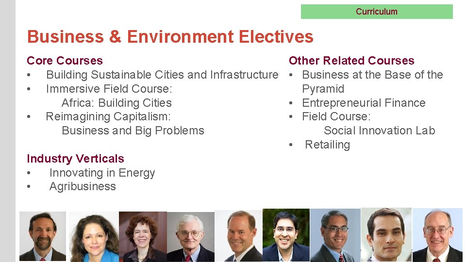 Curriculum Business & Environment Electives Core Courses • Building Sustainable Cities and Infrastructure •