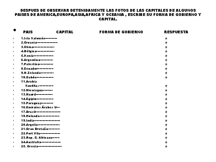 DESPUES DE OBSERVAR DETENIDAMENTE LAS FOTOS DE LAS CAPITALES DE ALGUNOS PAISES DE AMERICA,