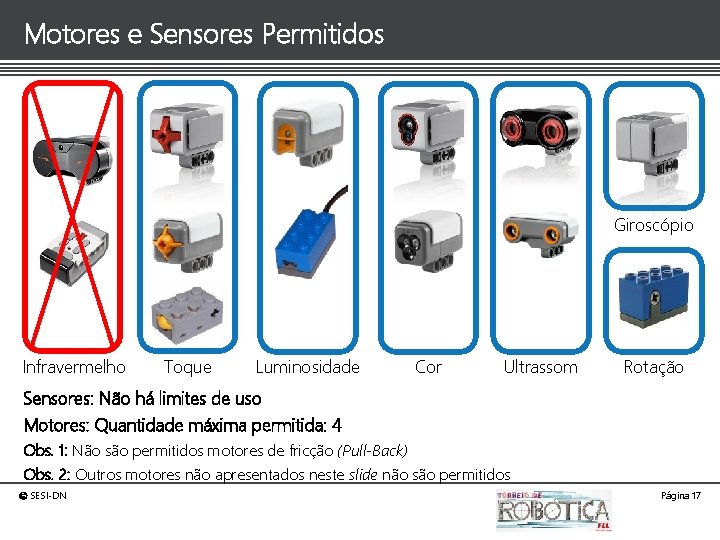 Motores e Sensores Permitidos Giroscópio Infravermelho Toque Luminosidade Cor Ultrassom Rotação Sensores: Não há