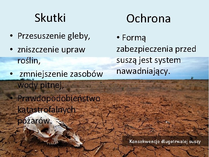 Skutki • Przesuszenie gleby, • zniszczenie upraw roślin, • zmniejszenie zasobów wody pitnej, •