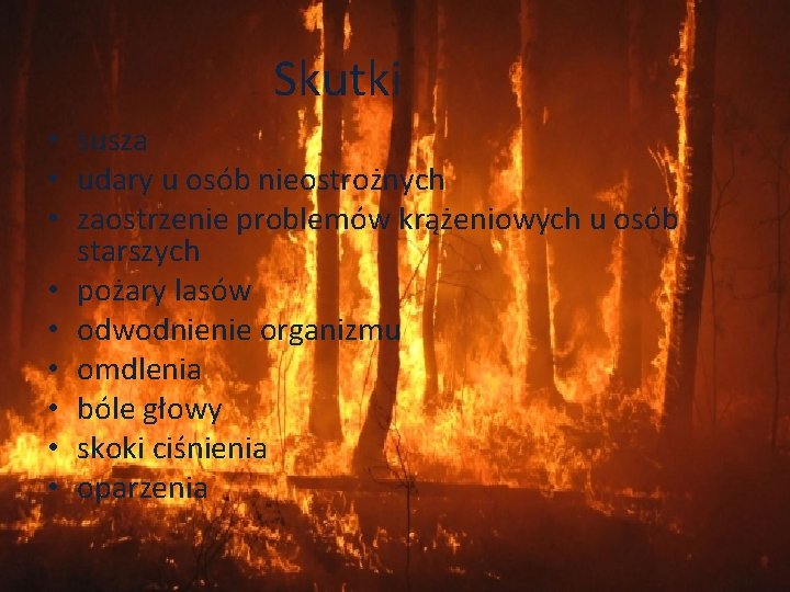 Skutki • susza • udary u osób nieostrożnych • zaostrzenie problemów krążeniowych u osób