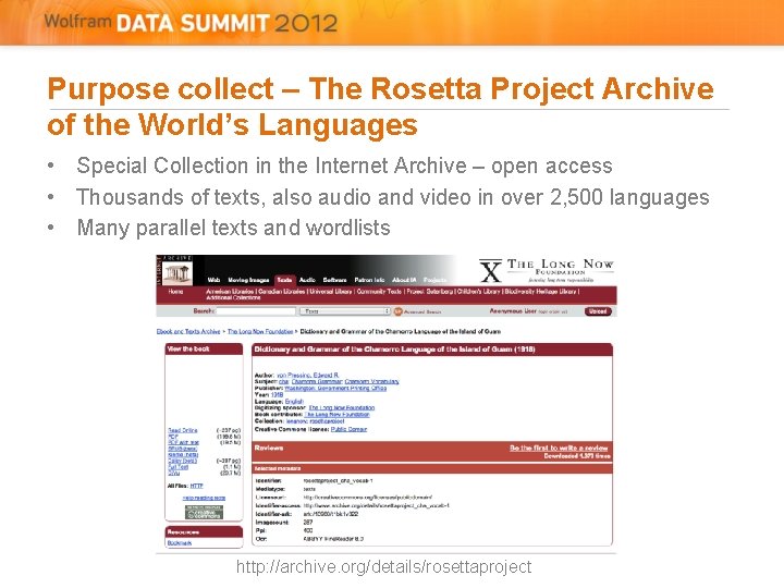 Purpose collect – The Rosetta Project Archive of the World’s Languages • Special Collection