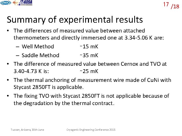 17 /18 Summary of experimental results • The differences of measured value between attached