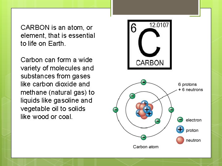 CARBON is an atom, or element, that is essential to life on Earth. Carbon