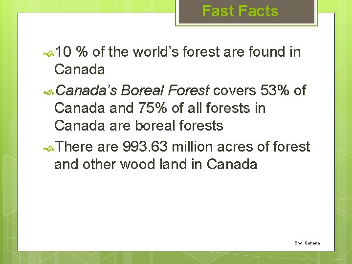 Fast Facts 10 % of the world’s forest are found in Canada’s Boreal Forest